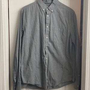 Gray button down, abstract dots blue, red pattern